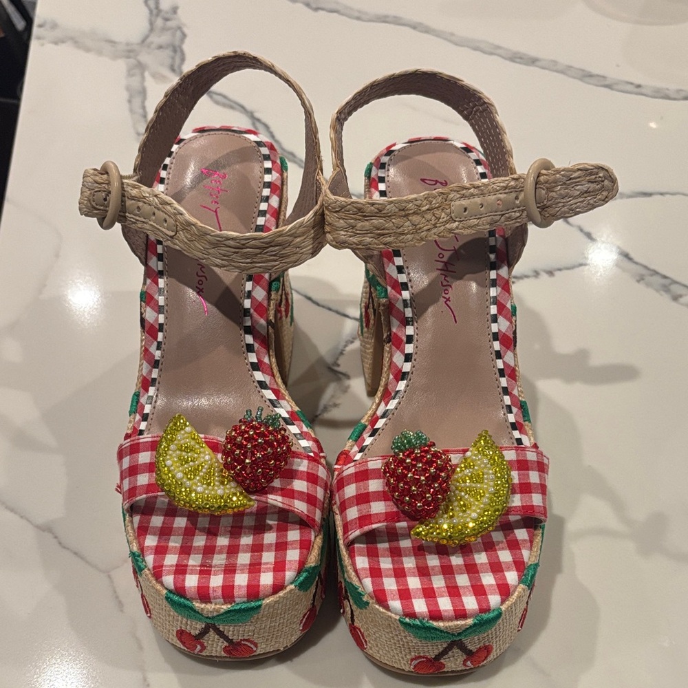 Betsey Johnson Red and Beige Gingham Platform Sandals
